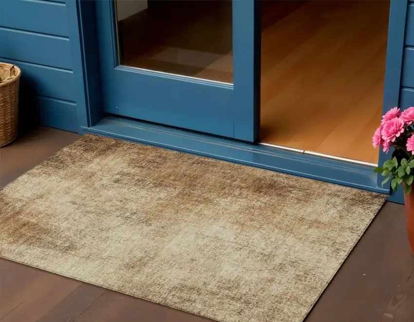 Beige And Brown Abstract Washable Indoor Outdoor Area Rug Photo 2