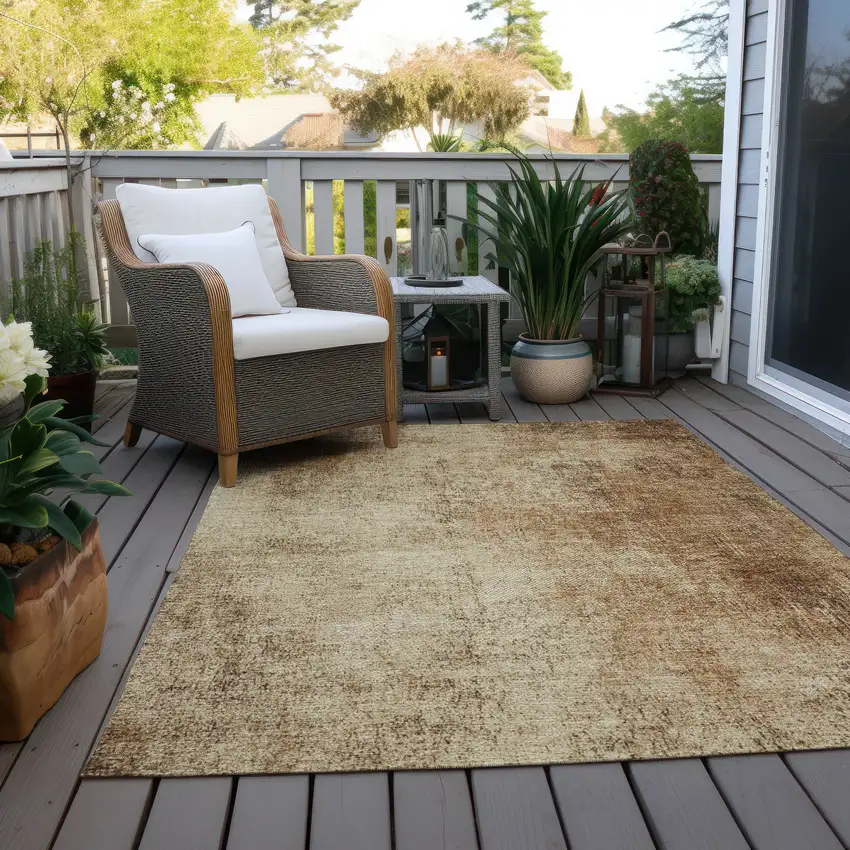 Beige And Brown Abstract Washable Indoor Outdoor Area Rug Photo 4