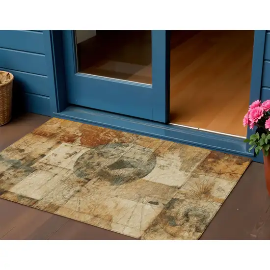 Beige And Brown Abstract Washable Indoor Outdoor Area Rug Photo 2