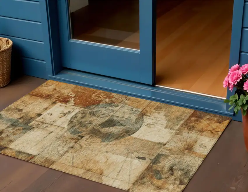 Beige And Brown Abstract Washable Indoor Outdoor Area Rug Photo 2