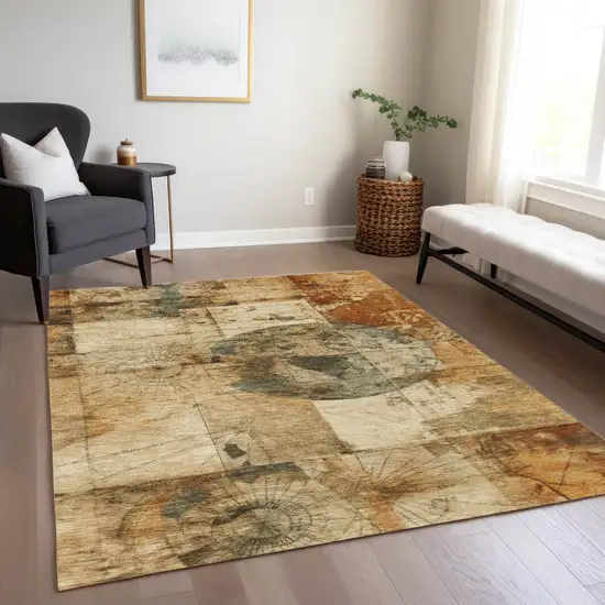 Beige And Brown Abstract Washable Indoor Outdoor Area Rug Photo 8