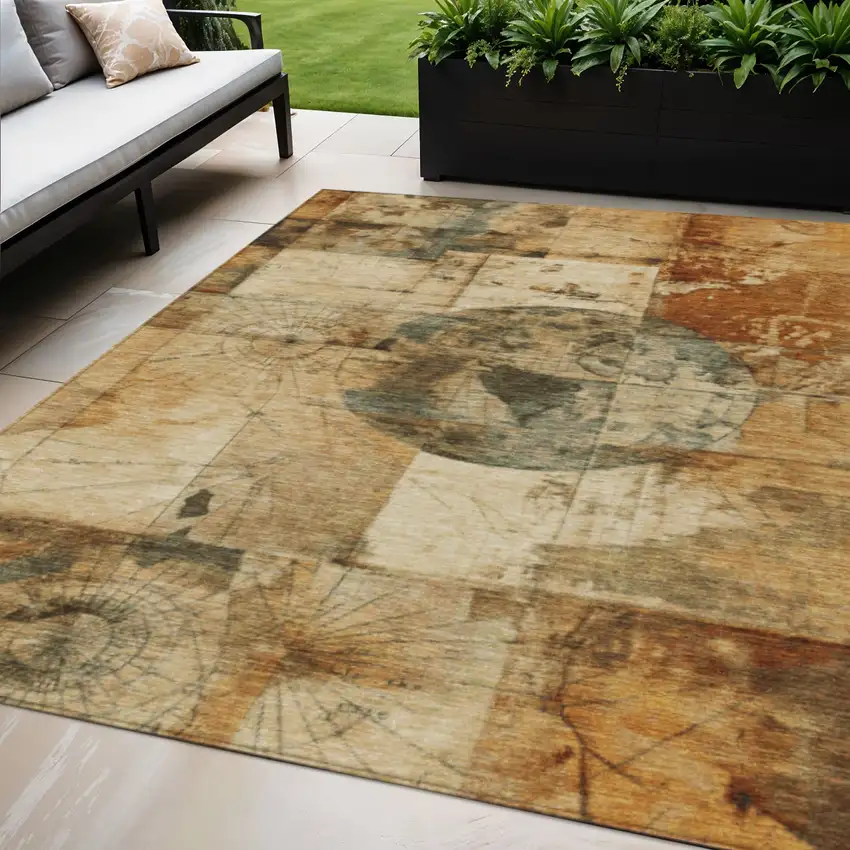 Beige And Brown Abstract Washable Indoor Outdoor Area Rug Photo 2