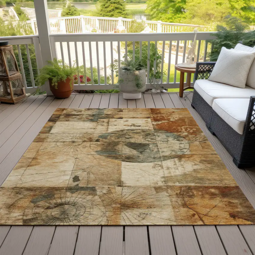 Beige And Brown Abstract Washable Indoor Outdoor Area Rug Photo 9