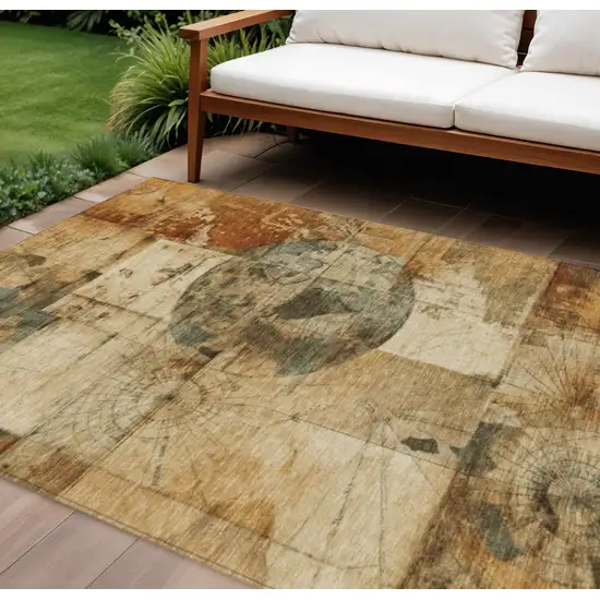 Beige And Brown Abstract Washable Indoor Outdoor Area Rug Photo 2