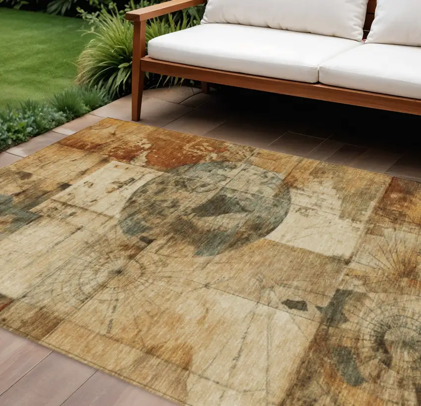 Beige And Brown Abstract Washable Indoor Outdoor Area Rug Photo 2