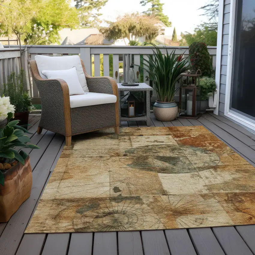 Beige And Brown Abstract Washable Indoor Outdoor Area Rug Photo 6
