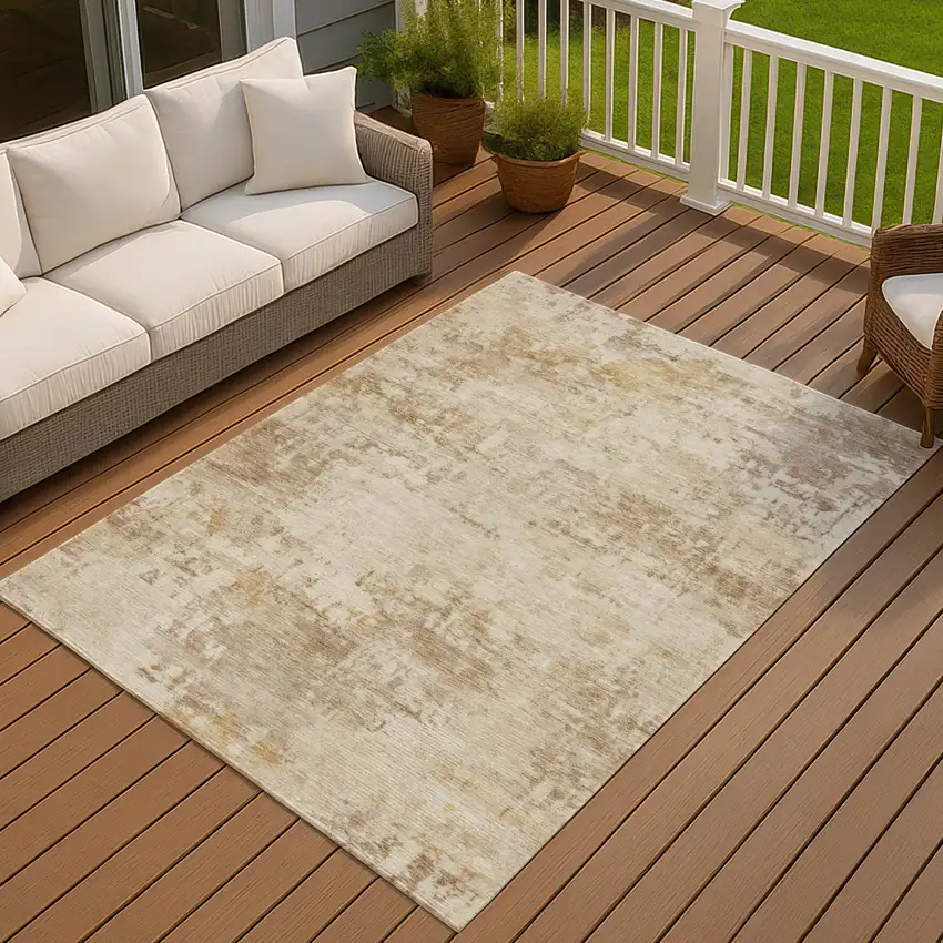 Beige And Brown Abstract Washable Indoor Outdoor Area Rug Photo 4
