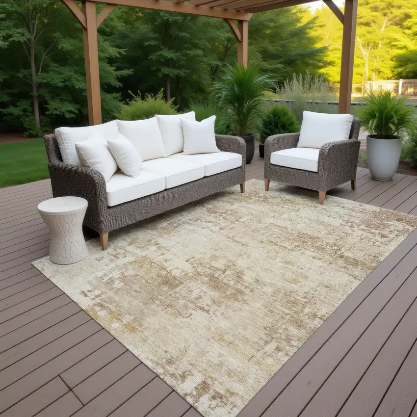 Beige And Brown Abstract Washable Indoor Outdoor Area Rug Photo 7