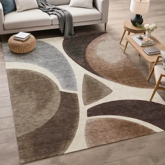 Beige And Brown Abstract Washable Indoor Outdoor Area Rug Photo 5