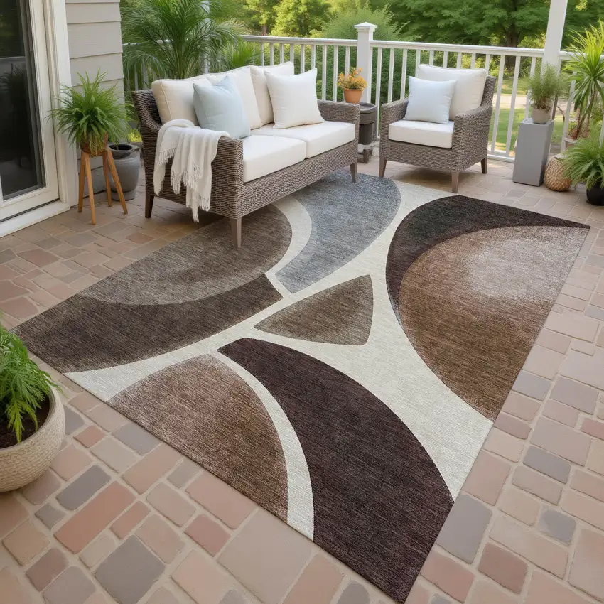 Beige And Brown Abstract Washable Indoor Outdoor Area Rug Photo 4