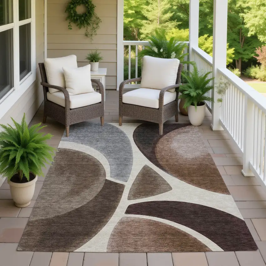 Beige And Brown Abstract Washable Indoor Outdoor Area Rug Photo 7