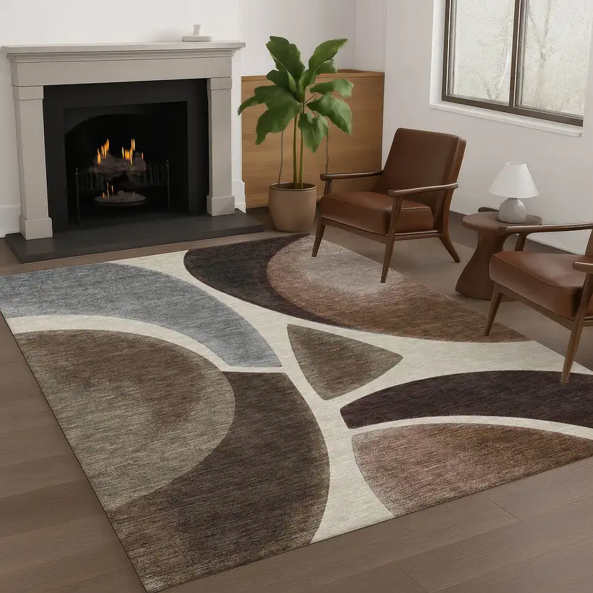 Beige And Brown Abstract Washable Indoor Outdoor Area Rug Photo 6