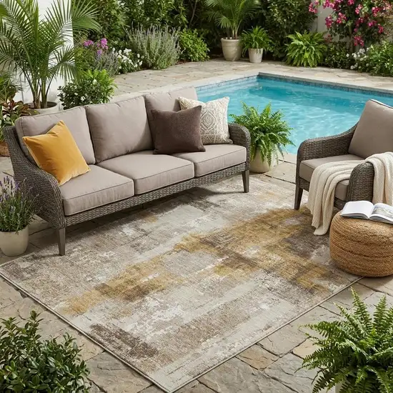 Beige And Brown Abstract Washable Indoor Outdoor Area Rug Photo 1