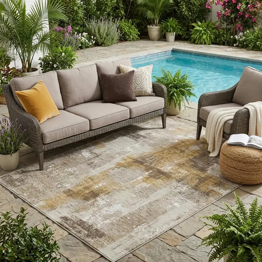 Beige And Brown Abstract Washable Indoor Outdoor Area Rug Photo 1