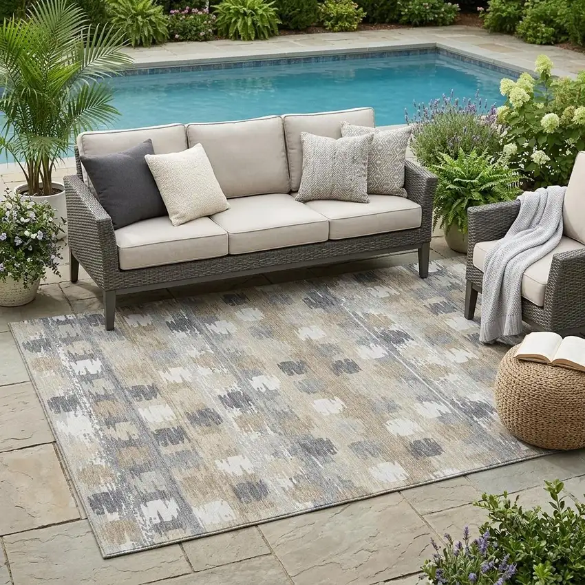 Beige And Brown Abstract Washable Indoor Outdoor Area Rug Photo 1