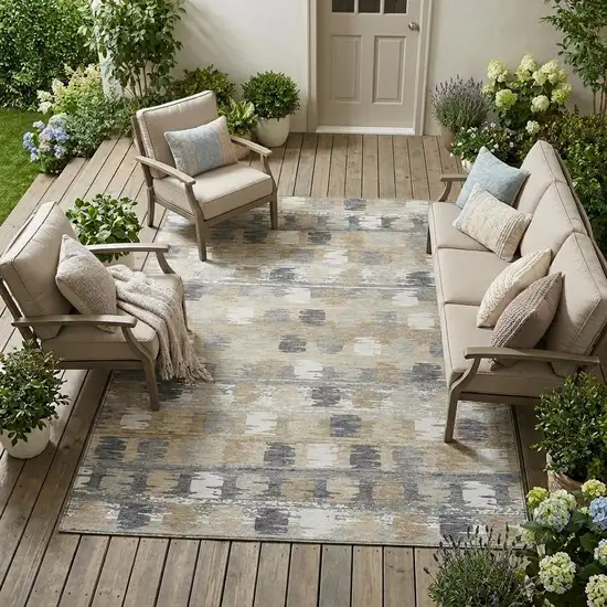 Beige And Brown Abstract Washable Indoor Outdoor Area Rug Photo 1