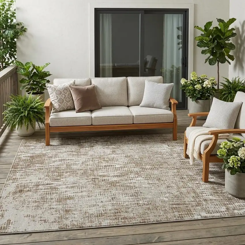 Beige And Brown Abstract Washable Indoor Outdoor Area Rug Photo 1