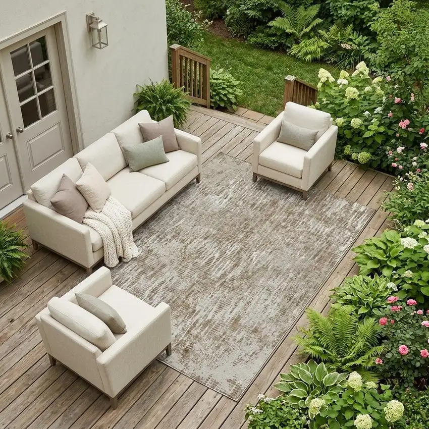 Beige And Brown Abstract Washable Indoor Outdoor Area Rug Photo 1