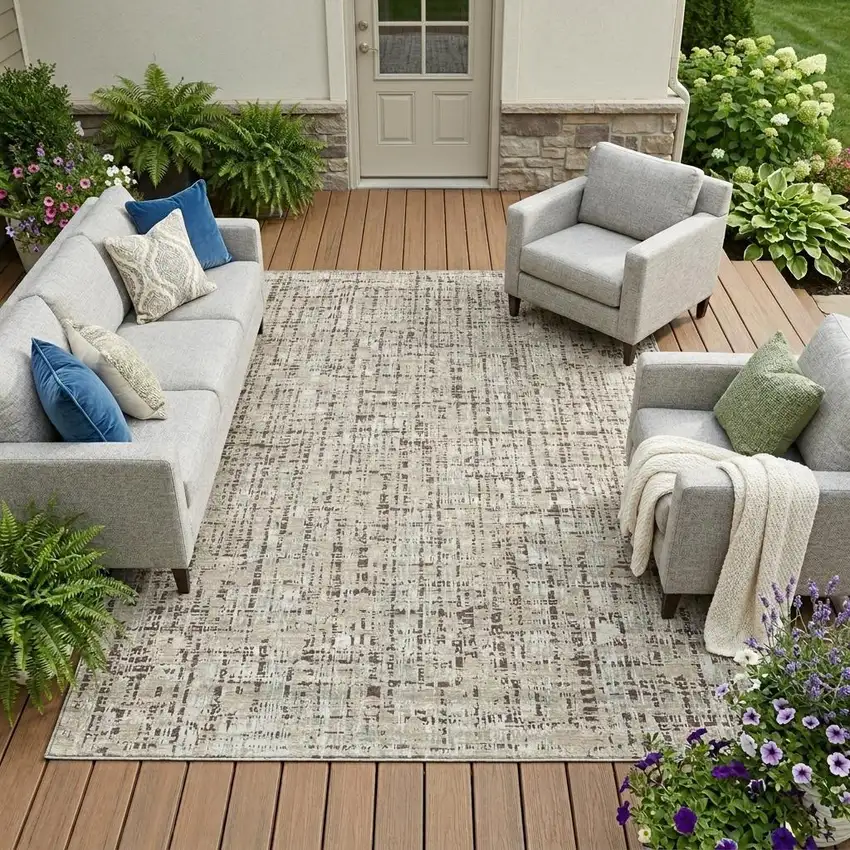 Beige And Brown Abstract Washable Indoor Outdoor Area Rug Photo 1