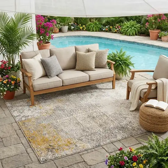 Beige And Brown Abstract Washable Indoor Outdoor Area Rug Photo 1