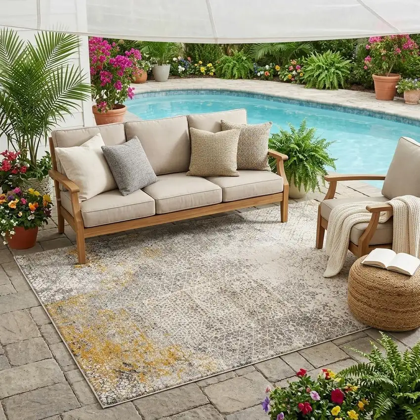 Beige And Brown Abstract Washable Indoor Outdoor Area Rug Photo 1