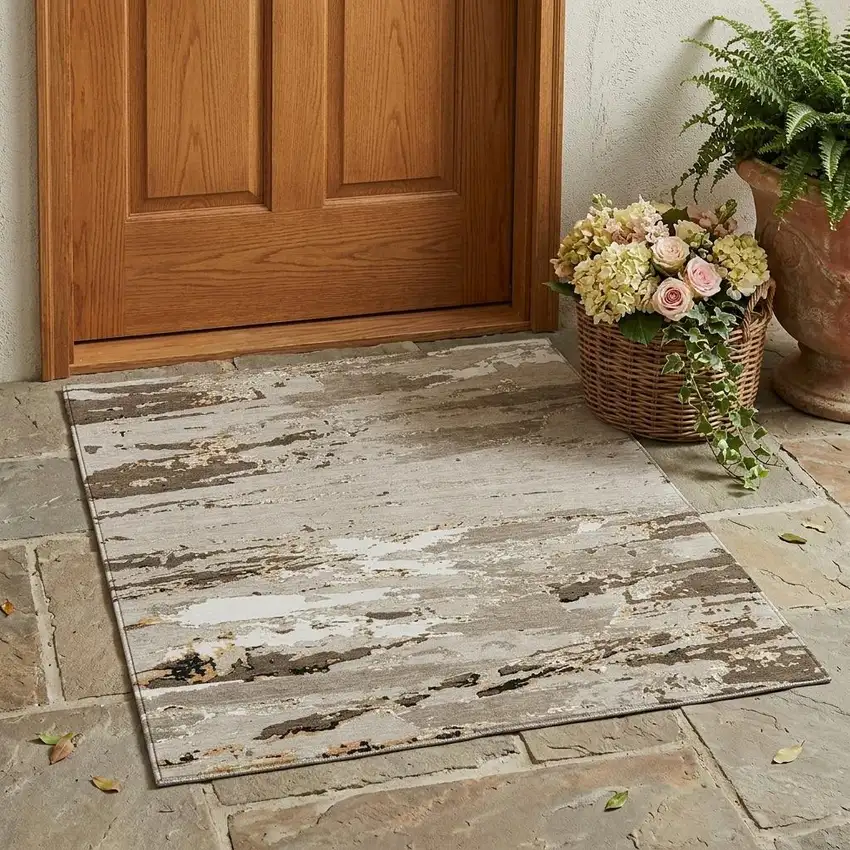 Beige And Brown Abstract Washable Indoor Outdoor Area Rug Photo 1