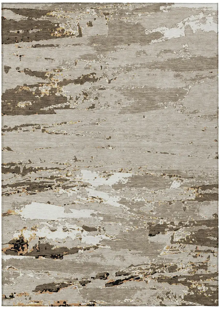 Beige And Brown Abstract Washable Indoor Outdoor Area Rug Photo 2