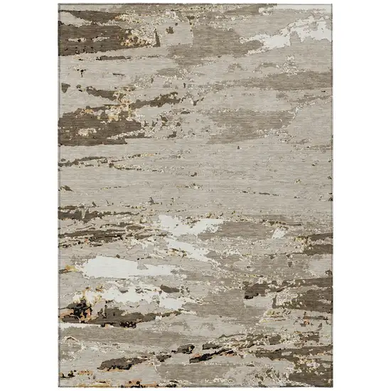Beige And Brown Abstract Washable Indoor Outdoor Area Rug Photo 2