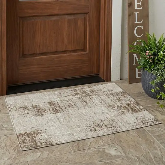Beige And Brown Abstract Washable Indoor Outdoor Area Rug Photo 1