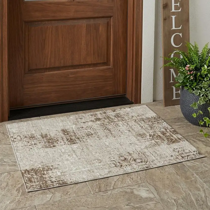 Beige And Brown Abstract Washable Indoor Outdoor Area Rug Photo 1