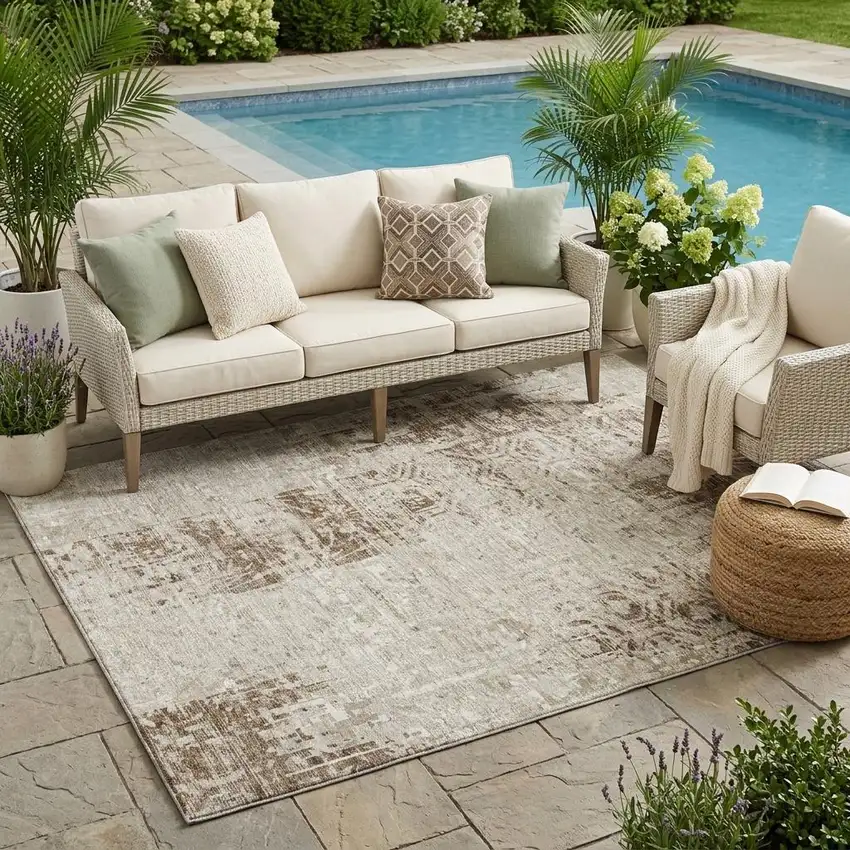 Beige And Brown Abstract Washable Indoor Outdoor Area Rug Photo 1