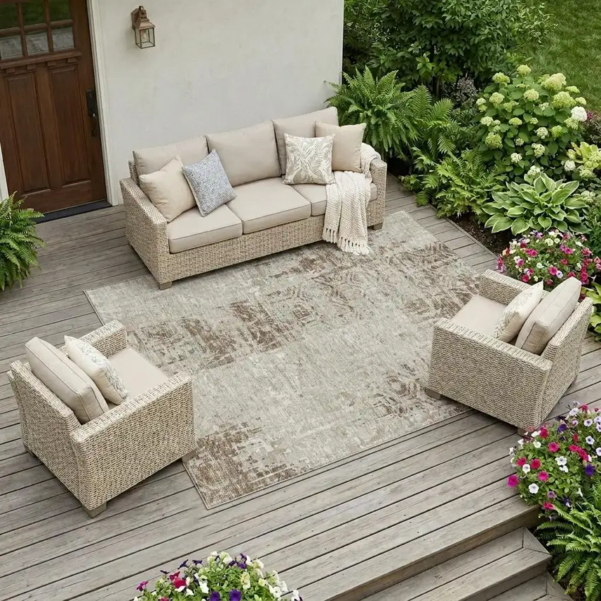 Beige And Brown Abstract Washable Indoor Outdoor Area Rug Photo 1