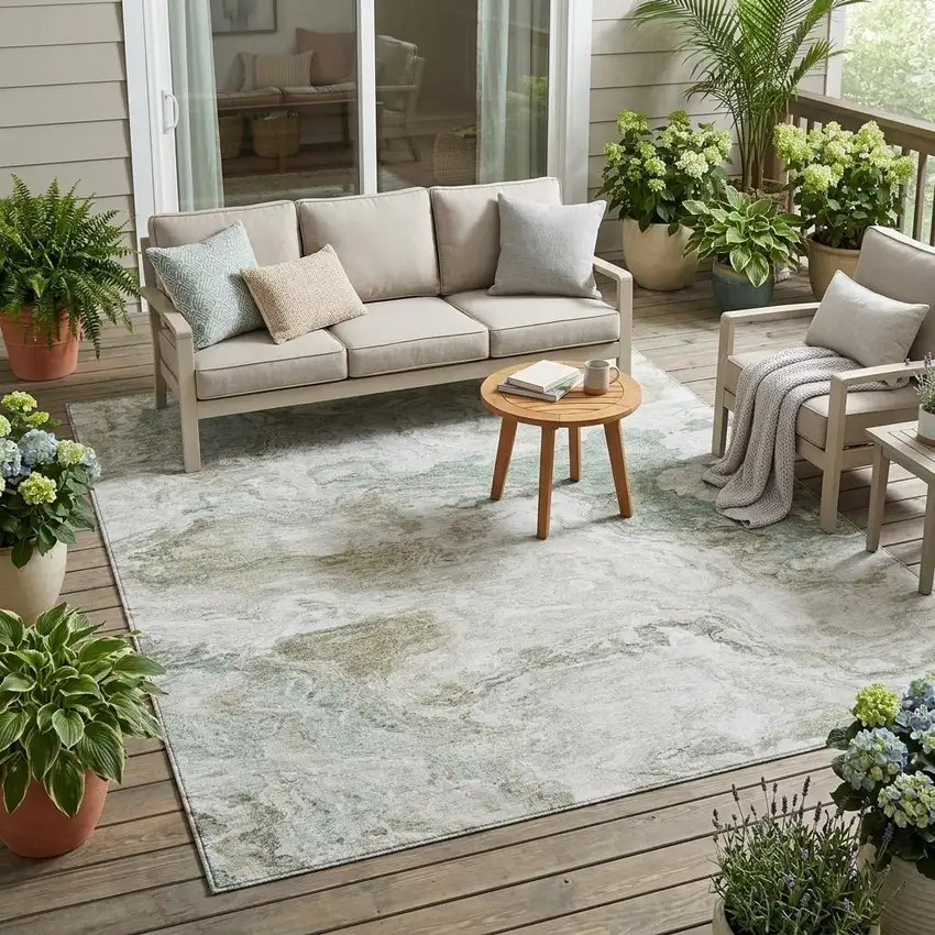 Beige And Brown Abstract Washable Indoor Outdoor Area Rug Photo 1
