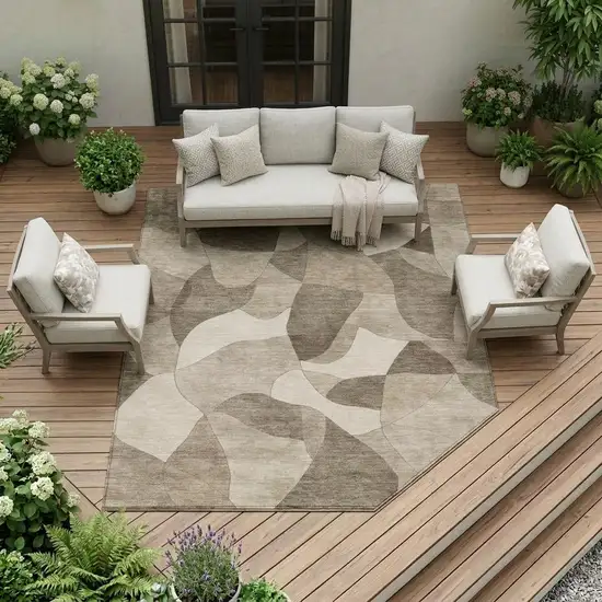Beige And Brown Abstract Washable Indoor Outdoor Area Rug Photo 1