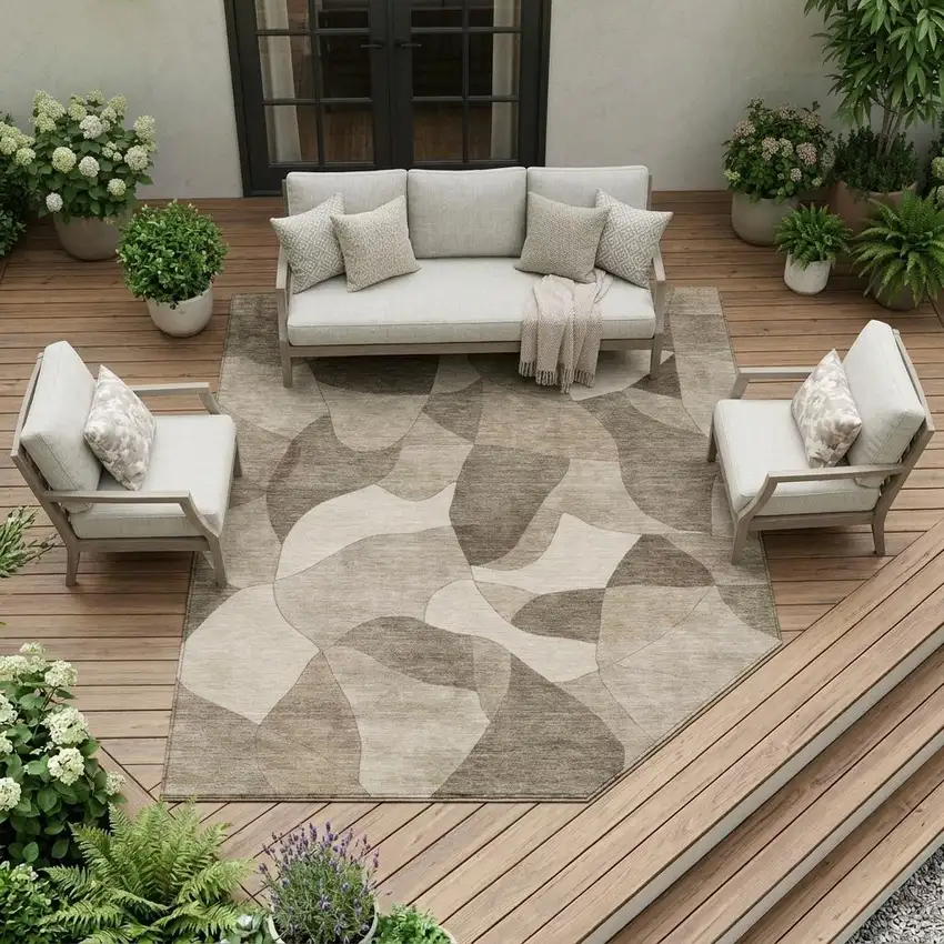 Beige And Brown Abstract Washable Indoor Outdoor Area Rug Photo 1