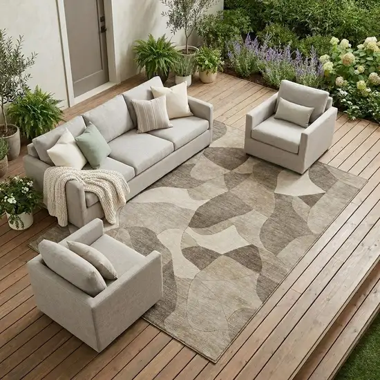 Beige And Brown Abstract Washable Indoor Outdoor Area Rug Photo 1