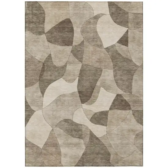 Beige And Brown Abstract Washable Indoor Outdoor Area Rug Photo 2