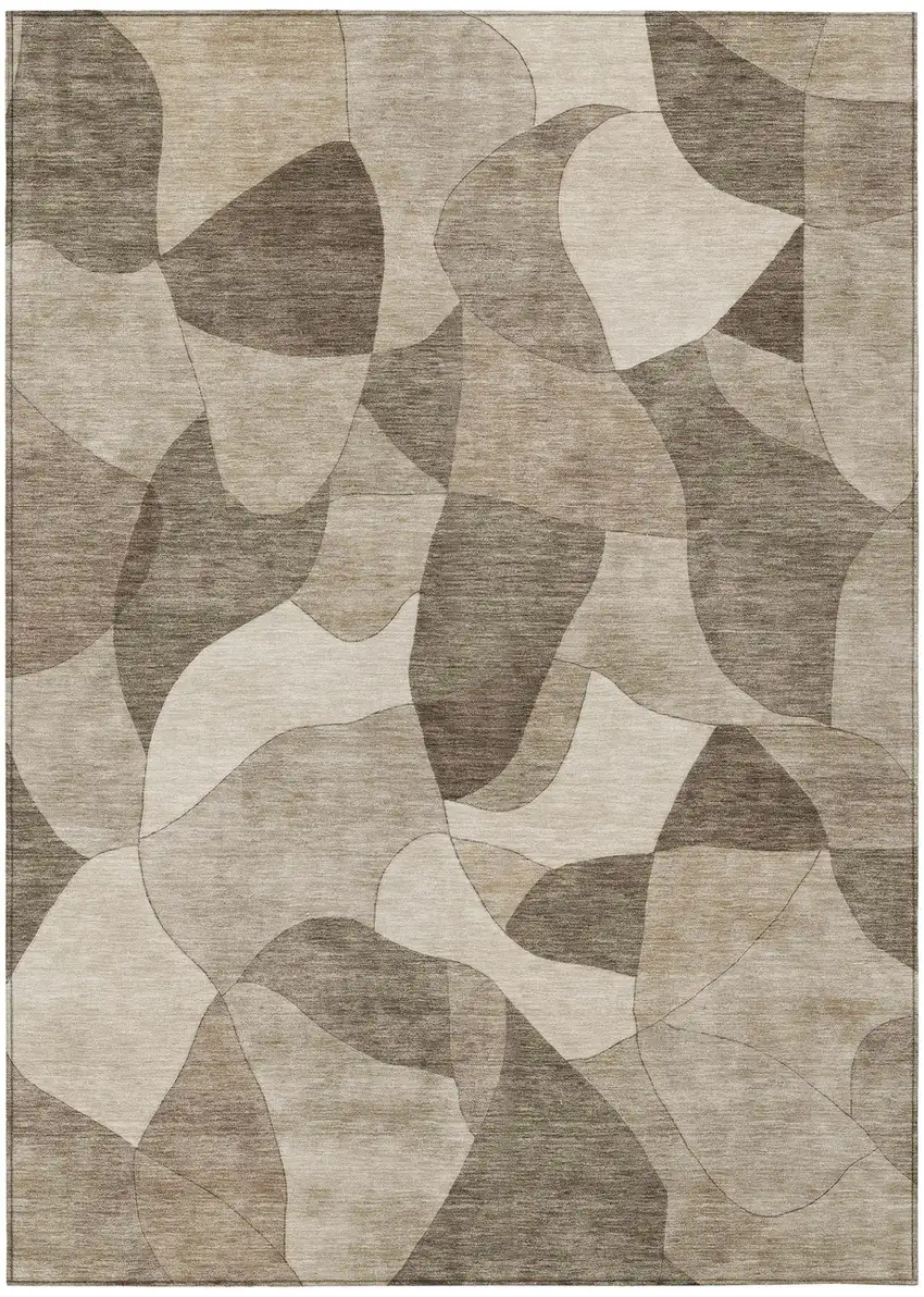 Beige And Brown Abstract Washable Indoor Outdoor Area Rug Photo 2