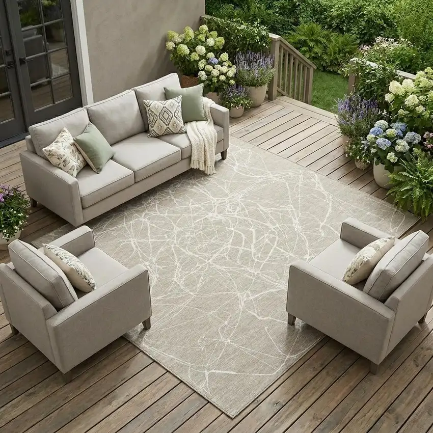 Beige And Brown Abstract Washable Indoor Outdoor Area Rug Photo 1