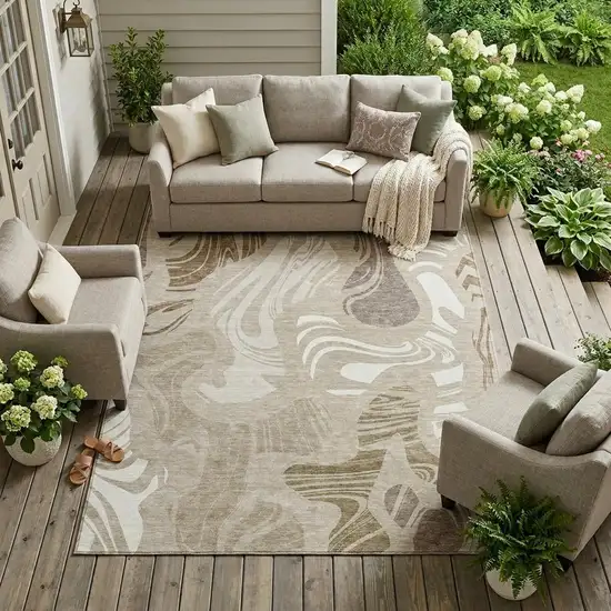 Beige And Brown Abstract Washable Indoor Outdoor Area Rug Photo 1