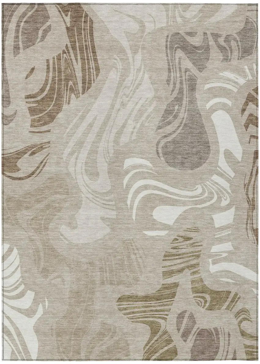 Beige And Brown Abstract Washable Indoor Outdoor Area Rug Photo 2