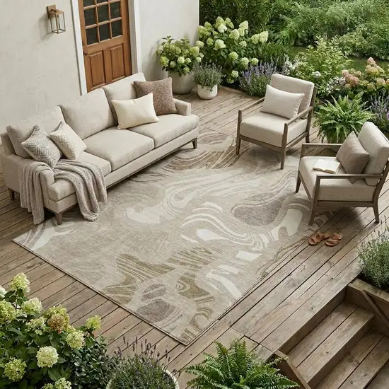 Beige And Brown Abstract Washable Indoor Outdoor Area Rug Photo 1