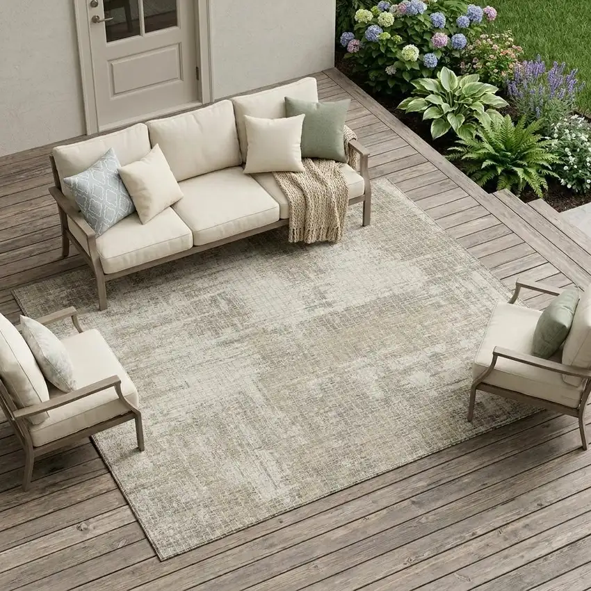 Beige And Brown Abstract Washable Indoor Outdoor Area Rug Photo 1