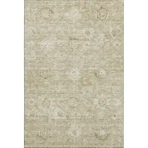 Photo of Beige And Brown Damask Washable Area Rug With UV Protection