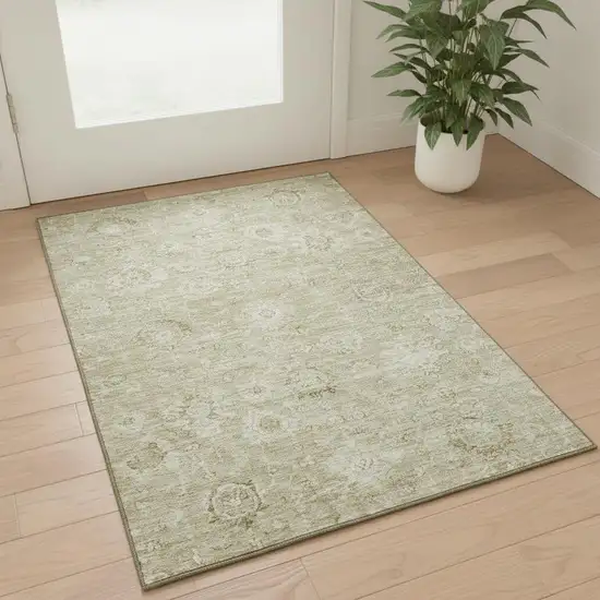 Beige And Brown Damask Washable Area Rug With UV Protection Photo 2
