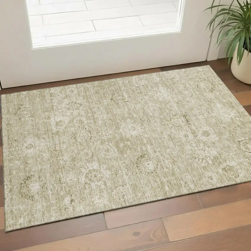 Beige And Brown Damask Washable Area Rug With UV Protection Photo 1