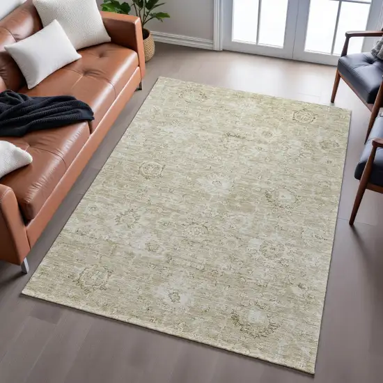 Beige And Brown Damask Washable Area Rug With UV Protection Photo 5