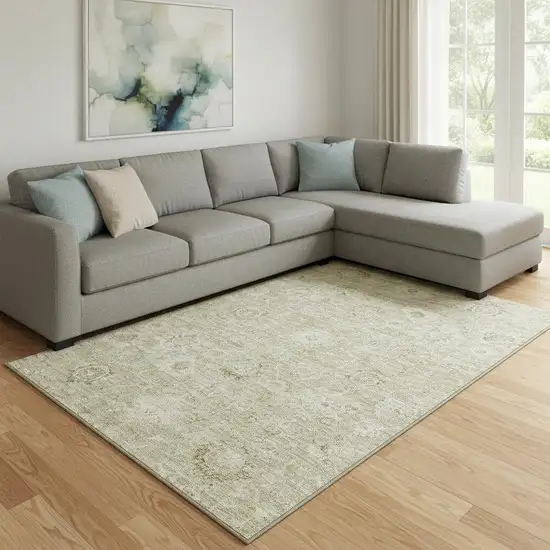 Beige And Brown Damask Washable Area Rug With UV Protection Photo 2