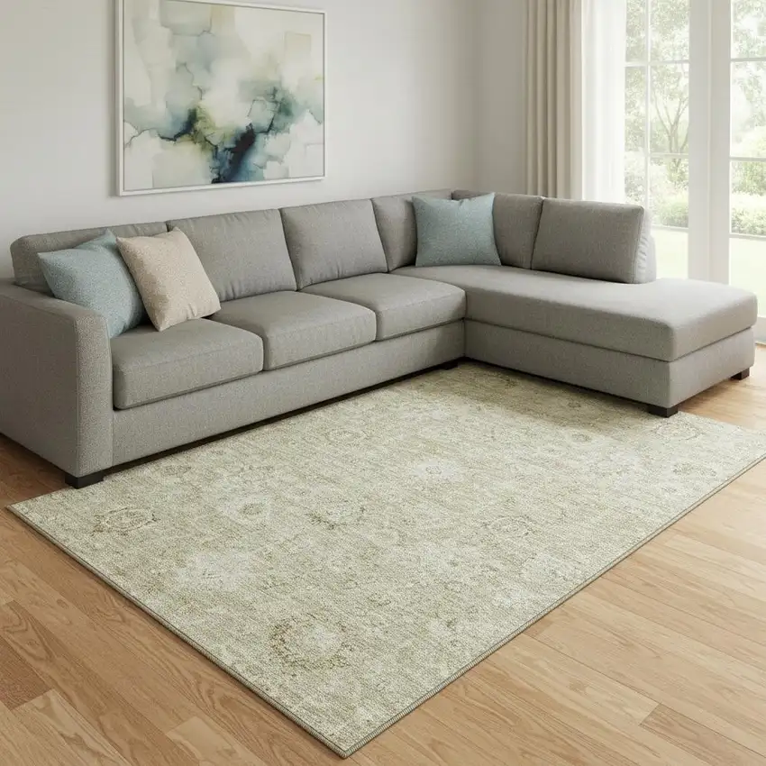 Beige And Brown Damask Washable Area Rug With UV Protection Photo 2