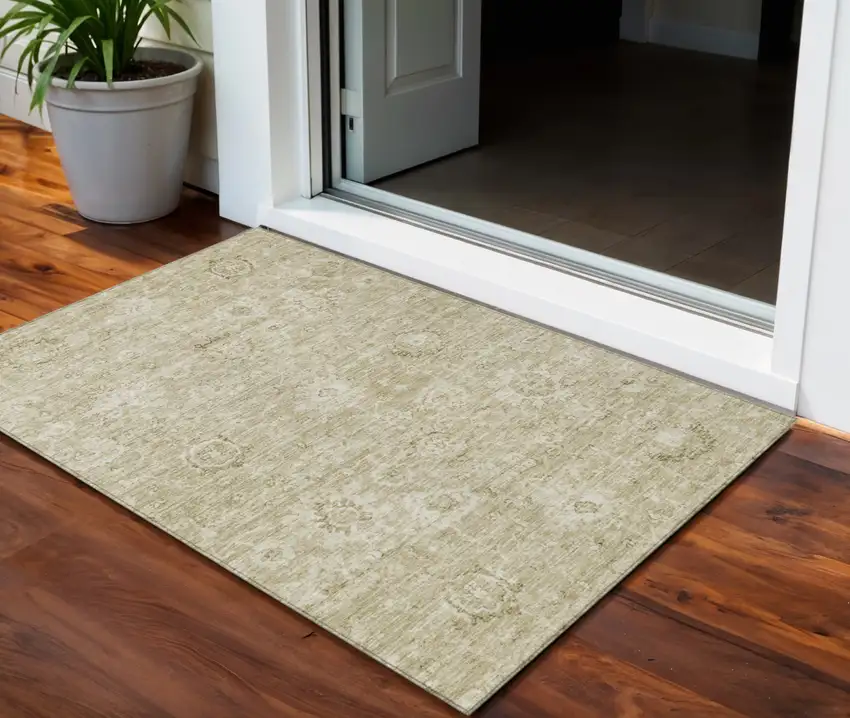 Beige And Brown Damask Washable Indoor Outdoor Area Rug Photo 1